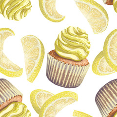 Vector of seamless pattern scattered lemons, crumbly gentle wet biscuit cupcakes, stunning cream soft air cheese cream, beige color, taste lemon. Light paper cake mold got wet from the cake juiciness