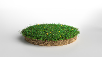 Round green grass with flowers land piece isolated on white background. 3D illustration