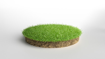realistic 3D rendering circle cutaway terrain floor with rock isolated, 3D Illustration round soil ground cross section with earth land and green grass