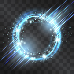 Light effect circle frame with blue neon laser, glowing tail of shining stardust sparkles, cold illumination. Glistening blizzard energy ring flows in motion. Luxurious design element. Space portal. - obrazy, fototapety, plakaty