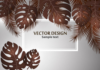 Abstract background, bright exotic monstera leaves and palm leaves on a gray background. Template with place for text.