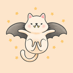 Bat cat flying cartoon hand drawn style