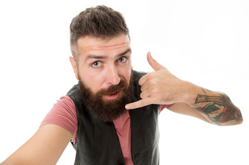 Call me later. Bearded man shows call me gesture. Hipster with long beard symbol conversation....