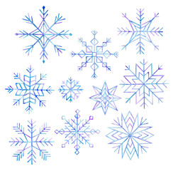 Fototapeta premium Set of watercolor snowflake, blue and violet colors, Scandinavian/Nordic style, hand drawn. Isolated on white. Big size. High resolution