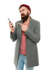 Hipster smartphone call friend. Mobile call concept. Important conversation. Man bearded hipster hold mobile phone white background. Stylish guy use mobile phone. Difficulties mobile communication