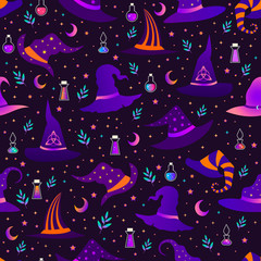 Magic witch hats, each with a unique pattern, magic potion bottles, stars and the moon, festive seamless pattern, bright gradient color.Vector holiday illustration for Happy Halloween.