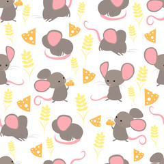 Seamless pattern funny cute little happy mice with a slice of cheese and a spikelet of wheat. Cartoon animals in different poses vector illustration. Background with Mouses New Year 2020.