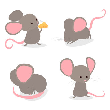 Set little cute mice in different poses, isolated white background.The year of the mouse. Funny mouses vector cartoon illustration. Collection funny animal new year.