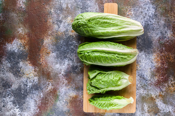 Obraz premium Romano salad on a cutting board. The main ingredient for a traditional Caesar salad. Top view. Copy space