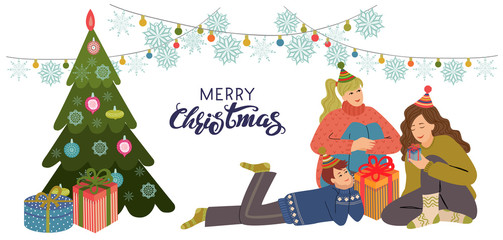 Fototapeta premium Young people prepares presents near Christmas tree. Isolated Vector flat illustration on a white background. Freehand drawing for postcards, banners or posters