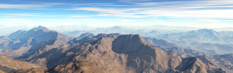 Fototapeta premium Panorama spectacular aerial view of mountains. Misty awaking of beautiful fairy valley. Peaks of rocks cut creamy foggy clouds.