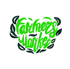Farmers market vector lettering logo with leaves.