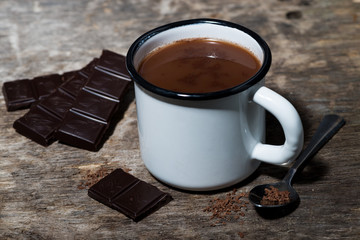 mug of hot sweet chocolate on a wooden table
