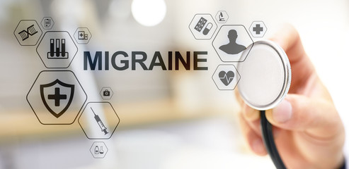Migraine Headache head pain diseases simptome Medication Medical Healthcare concept banner. - Powered by Adobe
