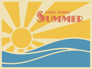 Summer retro poster. Sun over the sea waves. 