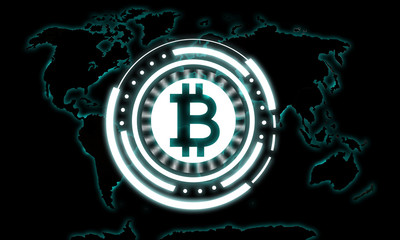 Glowing bitcoin symbol over map