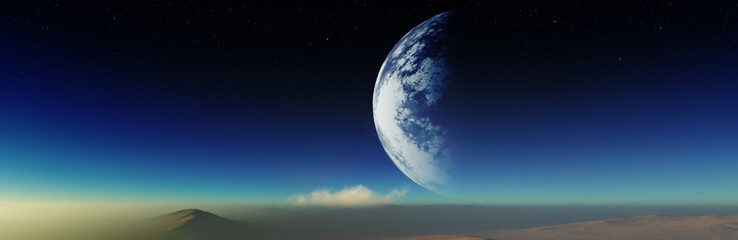 The Moon rises over planet Earth, panorama view