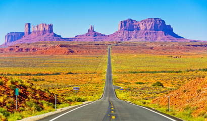 View of Monument Valley on a sunny day near the border of Arizona and Utah in Navajo Nation...