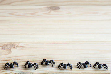Halloween background. Spiders on a wooden background. Copy space for text.