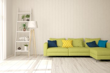 Stylish room in white color with sofa. Scandinavian interior design. 3D illustration