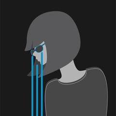 modern/contemporary flat-style illustration, abstract, sad girl with glasses crying, greyscale with blue accents