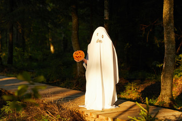 Full length portrait of spooky child dressed as ghost holding pumpkin while posing outdoors on Halloween, copy space