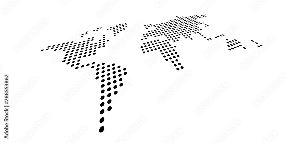 Poster dotted map of world. side view distortion. black vector dots on white background
