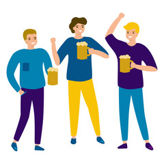 Obraz premium Group of male friends are holding beer mug. Beer festival Oktoberfest. Vector illustrtion cartoon style