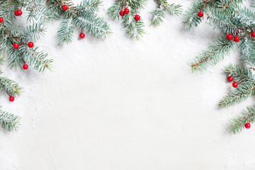 White Christmas background with Christmas tree branches and red berries