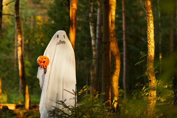 Full length portrait of spooky child dressed as ghost holding pumpkin standing in dark forest on...
