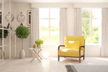 Mock up of stylish room in white color with armchair and green landscape in window. Scandinavian interior design. 3D illustration