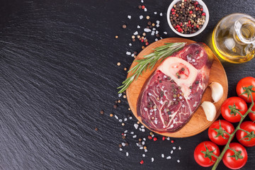 Cooking ingredients. Fresh raw meat beef steak with bone.