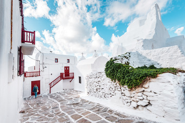 Panagia Paraportiani orthodox church with white walls in Mykonos town, Chora, Cyclades, Greece