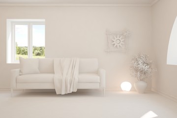 Mock up of stylish room in white color with sofa. Scandinavian interior design. 3D illustration