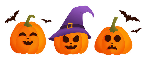 Set of halloween pumpkins isolated on white, funny vector faces