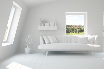 Mock up of stylish room in white color with sofa. Scandinavian interior design. 3D illustration