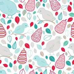 Fototapeten Partridge and Pears Christmas vector seamless pattern. Fun holiday pattern with birds, pears and leaves. © Shelley