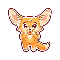 Amazed fennec fox with paws on its head. Cute kawaii cartoon character. Funny emotion and face expression. Isolated on white background