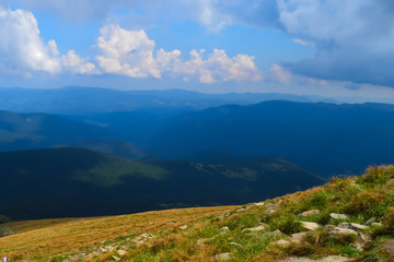 Panoramic view from Hoverla, Carpathian mountains, Ukraine. Horizontal outdoors shot