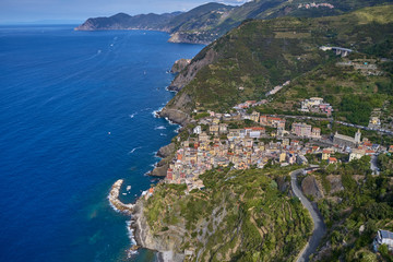 Fototapeta na wymiar Panorama view of Corniglia village one of Cinque Terre in La Spezia, Italy. Flight by a drone.