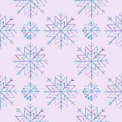 Snowflake seamless pattern. Blue and violet colors. Watercolor hand drawn painting illustration. High resolution 600 dpi. Isolated on light pink background. Color of background can be easily changed