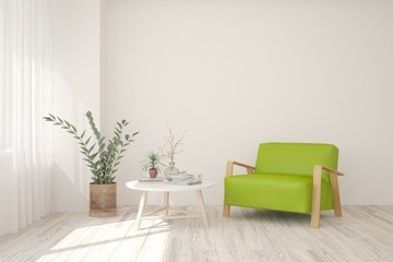 Stylish room in white color with armchair. Scandinavian interior design. 3D illustration