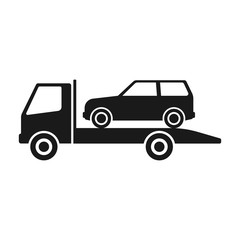 Tow truck icon. Black silhouette. Vector drawing. Side view. Isolated object on a white background. Isolate.
