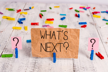 Text sign showing What S Next Question. Business photo text asking demonstrating about his coming...
