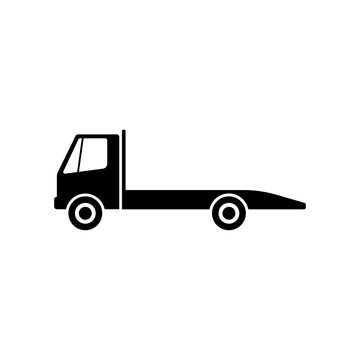 Tow truck icon. Black silhouette. Side view. Vector drawing. Isolated object on a white background. Isolate.