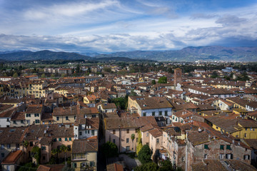 Fototapeta na wymiar Landscape showing an aerial view of the italian city Lucca