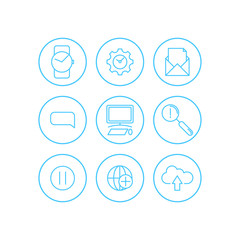 Communication icons set. Universal communication icon to use in web and mobile UI, communication basic UI elements set. cloud, clock, gear, mail, picture, web, internet, footnote, search, computer.