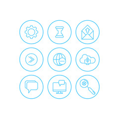 Communication icons set. Universal communication icon to use in web and mobile UI, communication basic UI elements set. cloud, clock, gear, mail, picture, web, internet, footnote, search, computer.