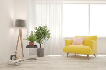 Stylish room in white color with sofa. Scandinavian interior design. 3D illustration