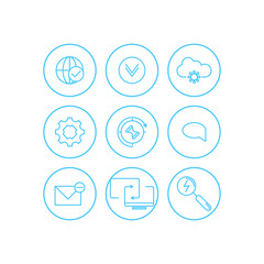 Communication icons set. Universal communication icon to use in web and mobile UI, communication basic UI elements set. cloud, clock, gear, mail, picture, web, internet, footnote, search, computer.